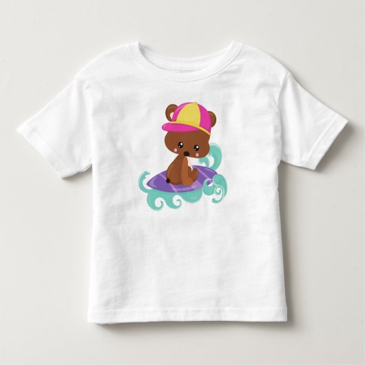 かわいいクマ、ブラウンベア、リトルベア、サーフィンボード トドラーTシャツ (正面)