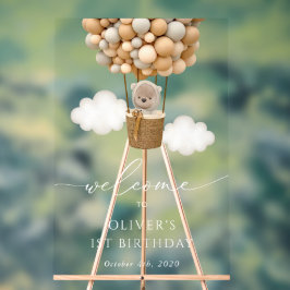 かわいいクマ、ベージュのバルーン、最初の誕生日へようこそ アクリルサイン