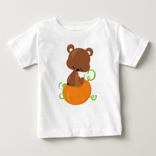 かわいいクマ、小さなクマ、茶色のクマ、かぼちゃ ベビーTシャツ (正面)