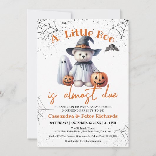 かわいいクマ、幽霊&カボチャLittle Booベビーシャワー 招待状 (正面)