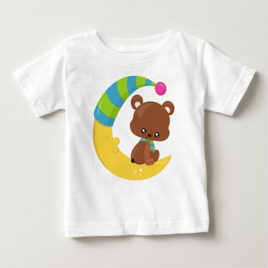 かわいいクマ、月にクマ、スカーフ付きクマ ベビーTシャツ (正面)