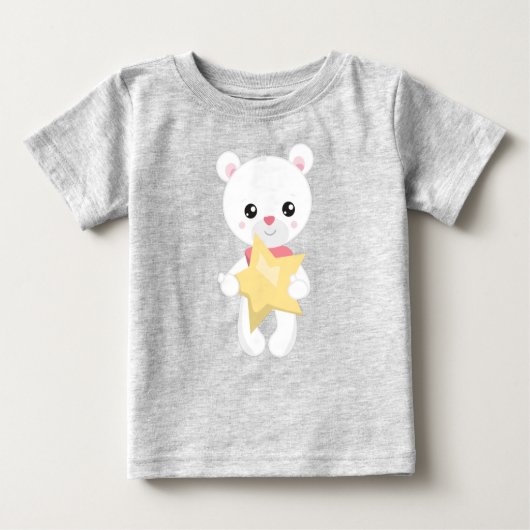 かわいいクマ，白いクマ，テディベア，ベビークマ，スター ベビーTシャツ (正面)