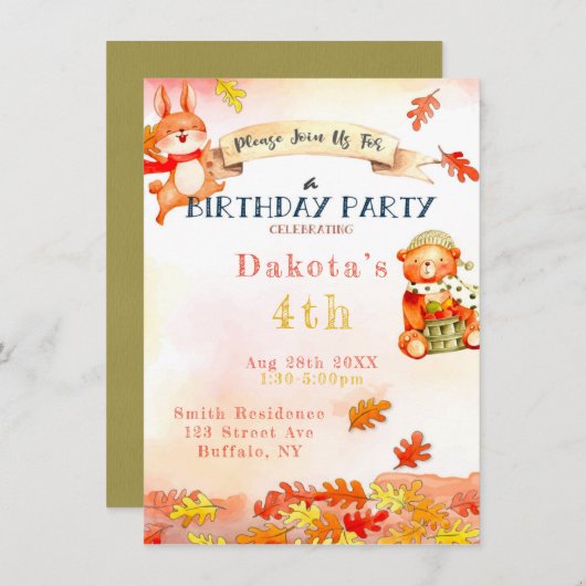かわいいクマ 秋の誕生日パーティー招待状 2 招待状 (正面/裏面)