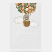 かわいいクマ、緑のバルーン、最初の誕生日へようこそ アクリルサイン (正面)