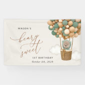 かわいいクマ、緑のバルーン、最初の誕生日へようこそ 横断幕 (横)