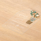 かわいいクマ、緑のバルーン、最初の誕生日 アクリル招待状 (レイダウン)