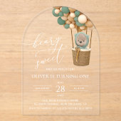 かわいいクマ、緑のバルーン、最初の誕生日 アクリル招待状 (正面)