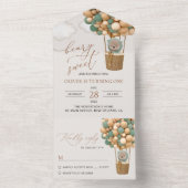 かわいいクマ、緑のバルーン、最初の誕生日 オールインワン招待状 (内側)