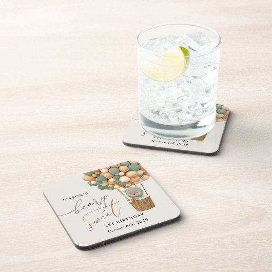 かわいいクマ、緑のバルーン、最初の誕生日 コースター (右側)