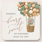 かわいいクマ、緑のバルーン、最初の誕生日 コースター (正面)