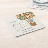 かわいいクマ、緑のバルーン、最初の誕生日 スクエアペーパーコースター (アングル)