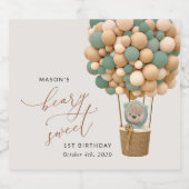 かわいいクマ、緑のバルーン、最初の誕生日 スパークリングワインラベル (シングルラベル)