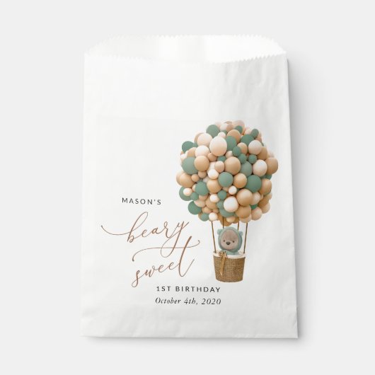 かわいいクマ、緑のバルーン、最初の誕生日 フェイバーバッグ (正面)