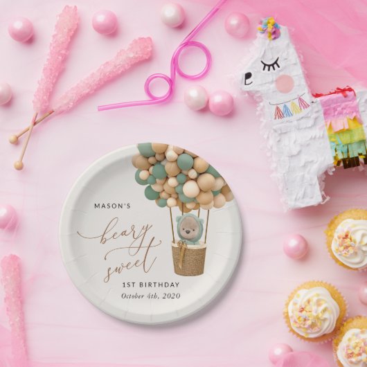 かわいいクマ、緑のバルーン、最初の誕生日 ペーパープレート (パーティー)