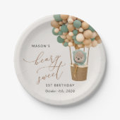 かわいいクマ、緑のバルーン、最初の誕生日 ペーパープレート (正面)