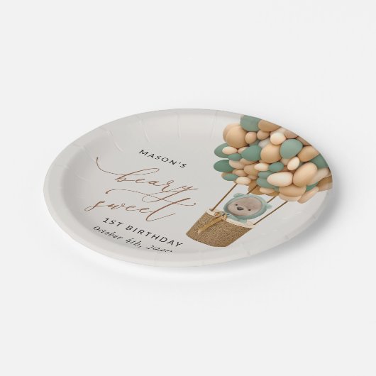 かわいいクマ、緑のバルーン、最初の誕生日 ペーパープレート (アングル)