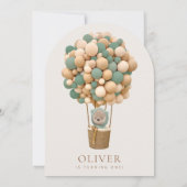 かわいいクマ、緑のバルーン、最初の誕生日 招待状 (裏面)