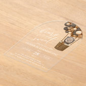 かわいいクマ、茶色のバルーン、最初の誕生日 アクリル招待状 (レイダウン)