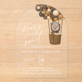 かわいいクマ、茶色のバルーン、最初の誕生日 アクリル招待状 (正面)