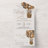 かわいいクマ、茶色のバルーン、最初の誕生日 オールインワン招待状 (内側)