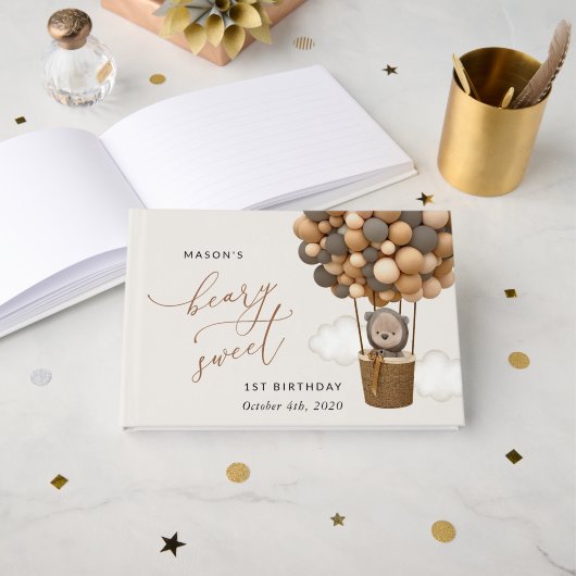 かわいいクマ、茶色のバルーン、最初の誕生日 ゲストブック (正面見開き)