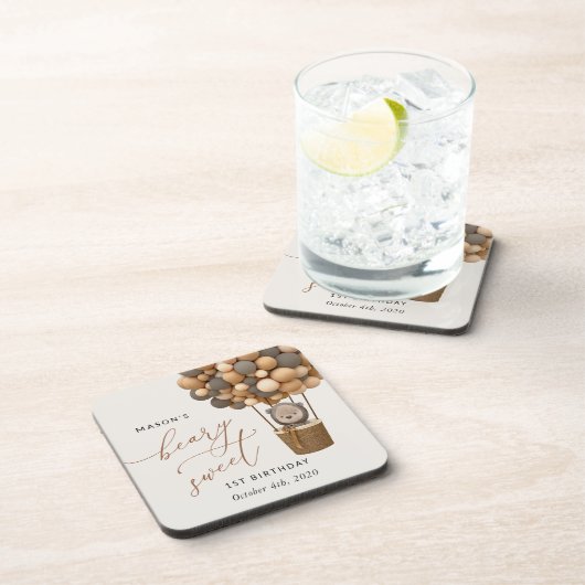 かわいいクマ、茶色のバルーン、最初の誕生日 コースター (右側)