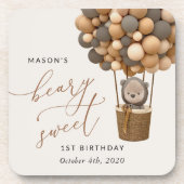 かわいいクマ、茶色のバルーン、最初の誕生日 コースター (正面)