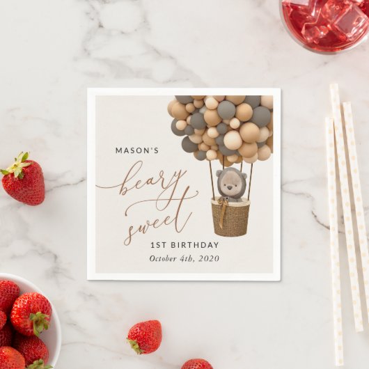 かわいいクマ、茶色のバルーン、最初の誕生日 スタンダードカクテルナプキン (インサイチュ)