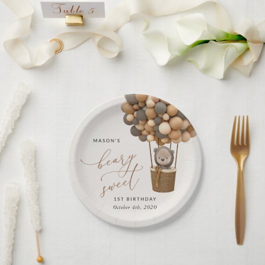 かわいいクマ、茶色のバルーン、最初の誕生日 ペーパープレート (ウェディング)