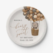 かわいいクマ、茶色のバルーン、最初の誕生日 ペーパープレート (正面)