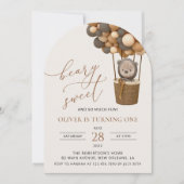 かわいいクマ、茶色のバルーン、最初の誕生日 招待状 (正面)