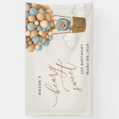 かわいいクマ、青いバルーン、最初の誕生日へようこそ 横断幕 (縦)