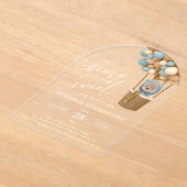 かわいいクマ、青いバルーン、最初の誕生日 アクリル招待状 (レイダウン)