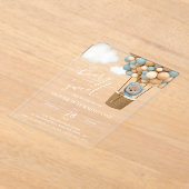 かわいいクマ、青いバルーン、最初の誕生日 アクリル招待状 (レイダウン)