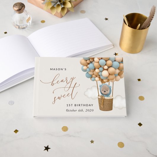 かわいいクマ、青いバルーン、最初の誕生日 ゲストブック (正面見開き)