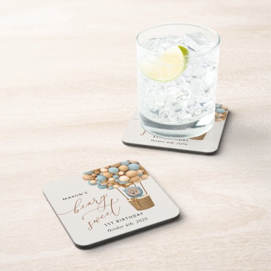 かわいいクマ、青いバルーン、最初の誕生日 コースター (右側)