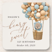 かわいいクマ、青いバルーン、最初の誕生日 コースター (正面)