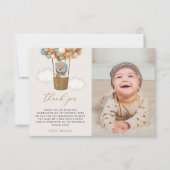 かわいいクマ、青いバルーン、最初の誕生日 サンキューカード (正面)