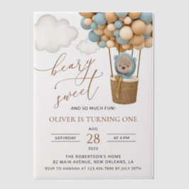 かわいいクマ、青いバルーン、最初の誕生日 ベラム紙招待状