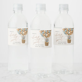 かわいいクマ、青いバルーン、最初の誕生日 ペットボトルラベル