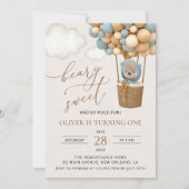 かわいいクマ、青いバルーン、最初の誕生日 招待状 (正面)