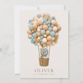 かわいいクマ、青いバルーン、最初の誕生日 招待状 (裏面)