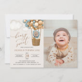 かわいいクマ、青い風船、1歳の誕生日 招待状 (正面)