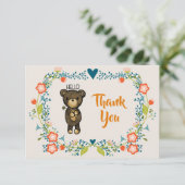 かわいいクマ、黄色い花&フローラリースありがとう サンキューカード (スタンド正面)