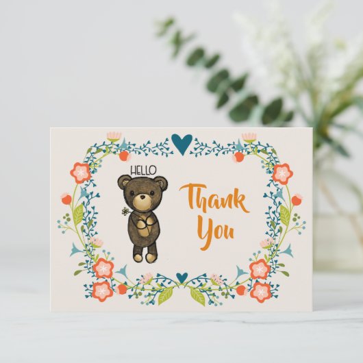 かわいいクマ、黄色い花&フローラリースありがとう サンキューカード (スタンド正面)