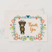 かわいいクマ、黄色い花&フローラリースありがとう サンキューカード (正面/裏面)
