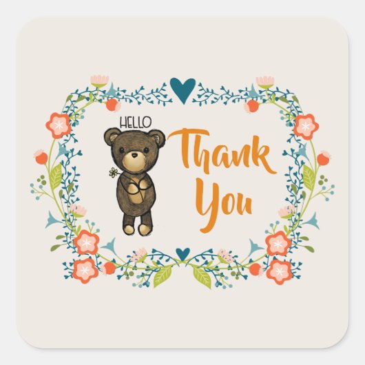 かわいいクマ、黄色い花&フローラリースありがとう スクエアシール (正面)
