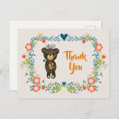 かわいいクマ、黄色い花&フローラリースありがとう ポストカード (正面/裏面)