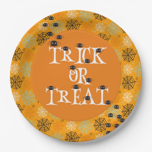 かわいいクモとクモの巣ハロウィンパターン(の模様が)あるー ペーパープレート (正面)