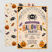 🕷️🎃 かわいいクモのハロウィンパーティー招待状 👻🍬 招待状 (正面/裏面)